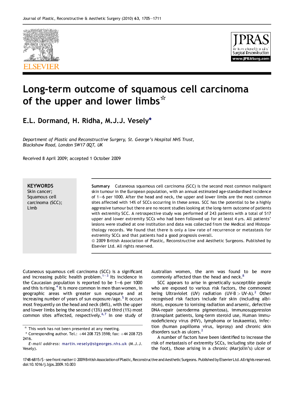 Long-term outcome of squamous cell carcinoma of the upper and lower limbs