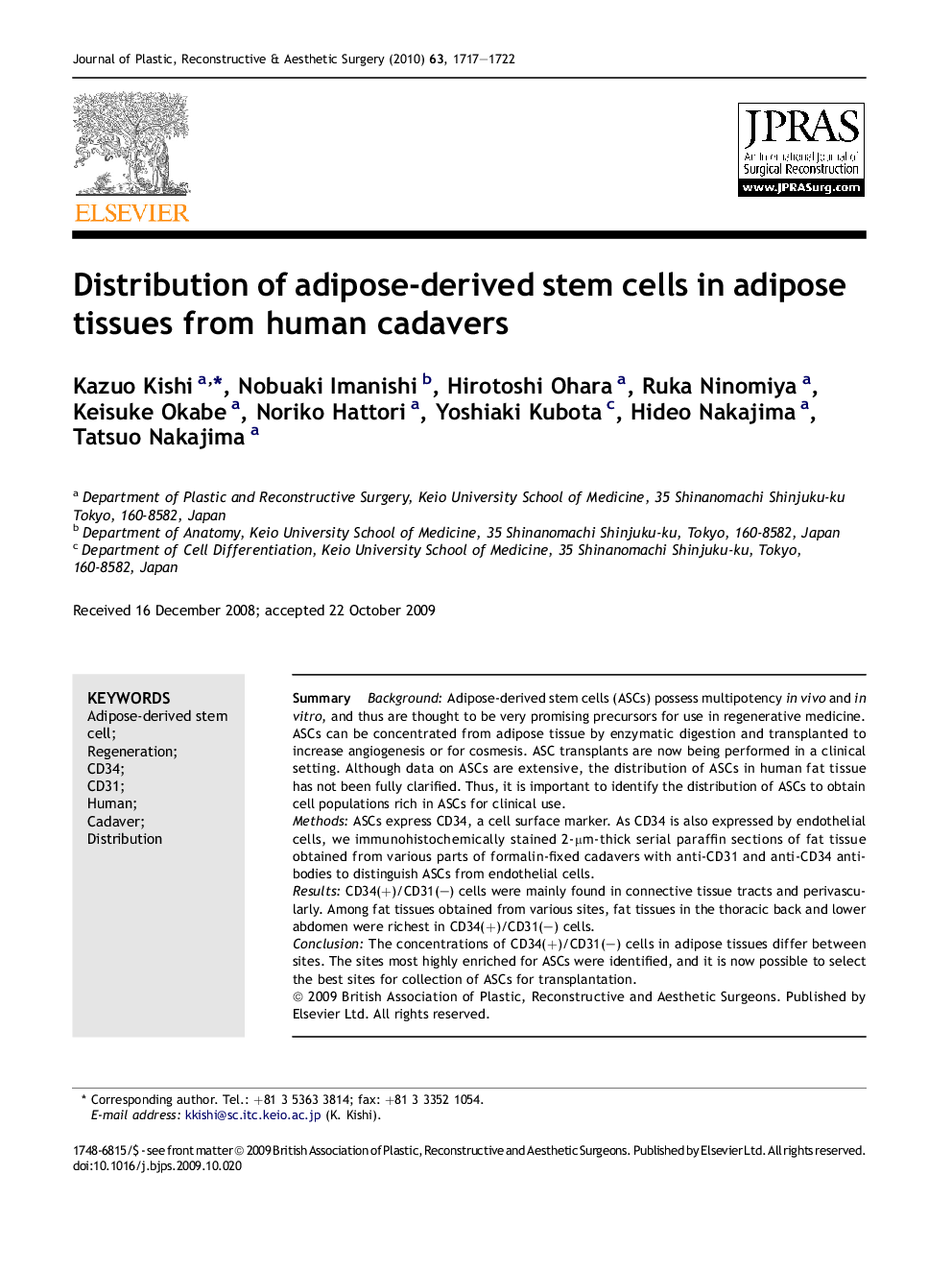 Distribution of adipose-derived stem cells in adipose tissues from human cadavers