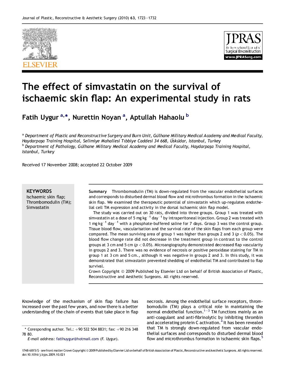 The effect of simvastatin on the survival of ischaemic skin flap: An experimental study in rats