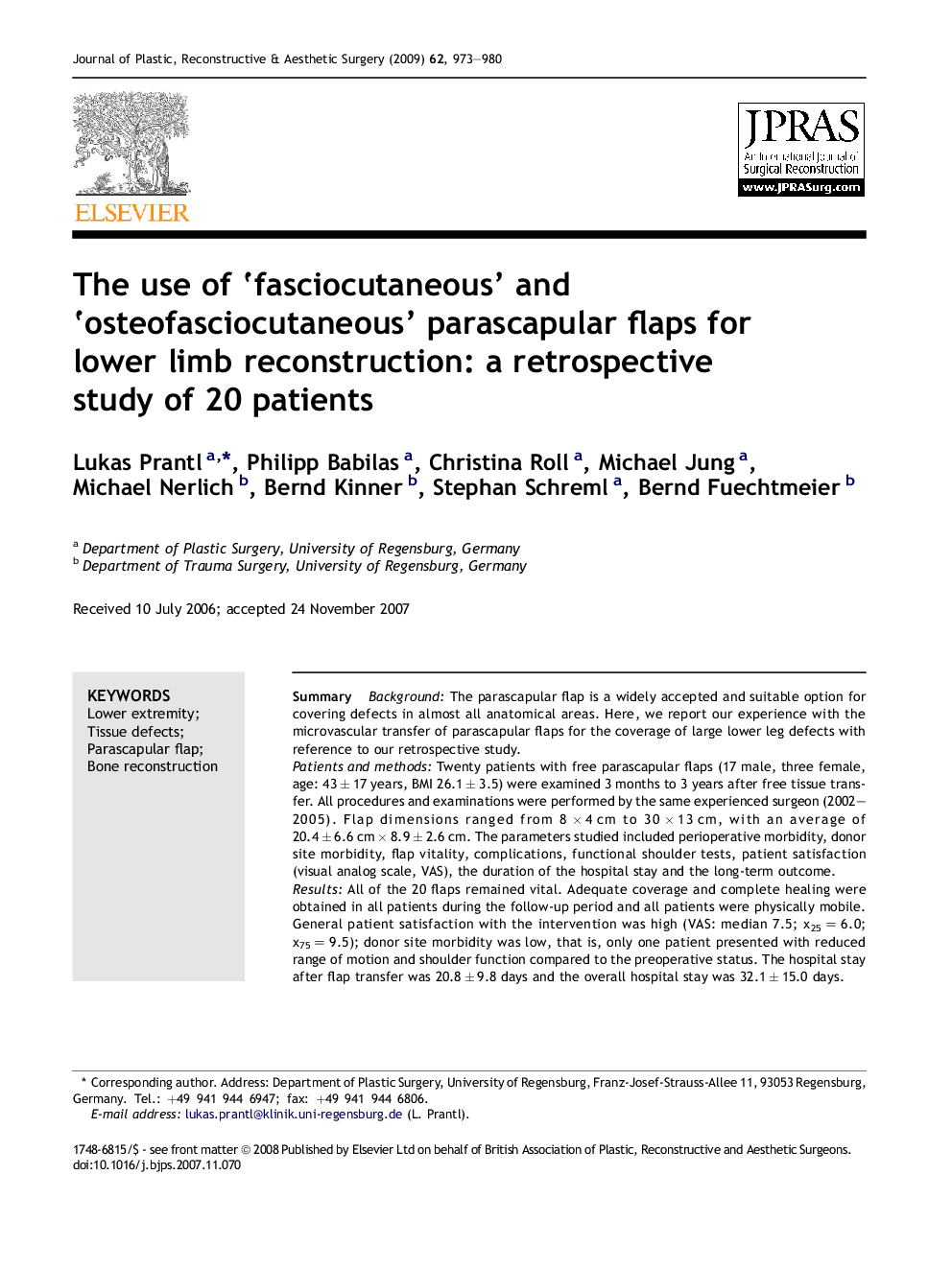 عکس صفحه اول مقاله: The use of ‘fasciocutaneous’ and ‘osteofasciocutaneous’ parascapular flaps for lower limb reconstruction: a retrospective study of 20 patients The use of ‘fasciocutaneous’ and ‘osteofasciocutaneous’ parascapular flaps for lower limb reconstruction: a retrospective study of 20 patients