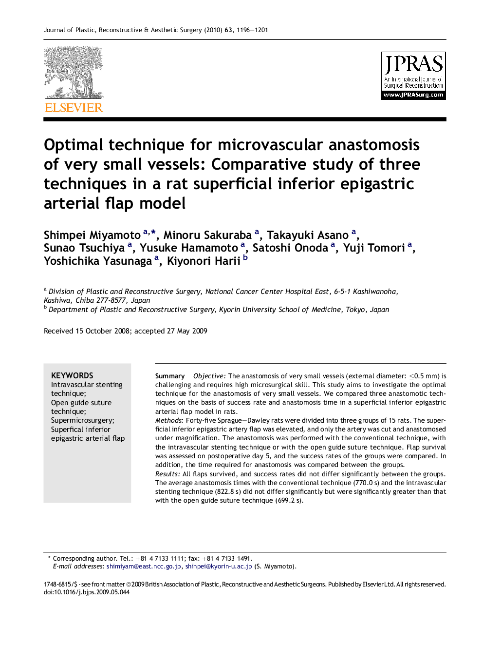 Optimal technique for microvascular anastomosis of very small vessels: Comparative study of three techniques in a rat superficial inferior epigastric arterial flap model