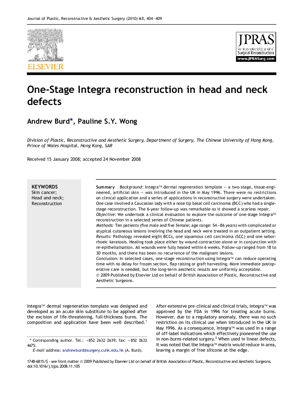 One-Stage Integra reconstruction in head and neck defects