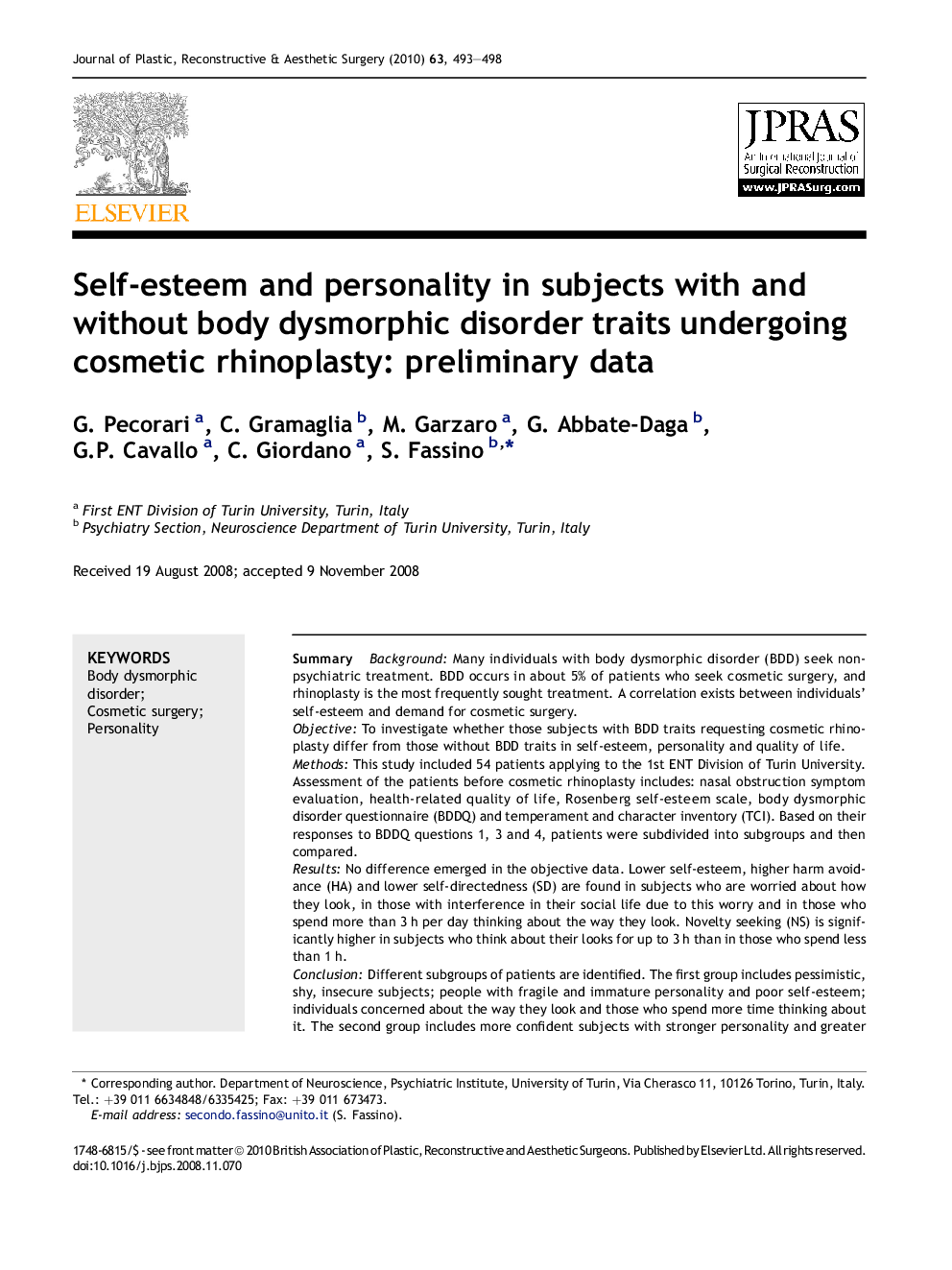 Self-esteem and personality in subjects with and without body dysmorphic disorder traits undergoing cosmetic rhinoplasty: preliminary data