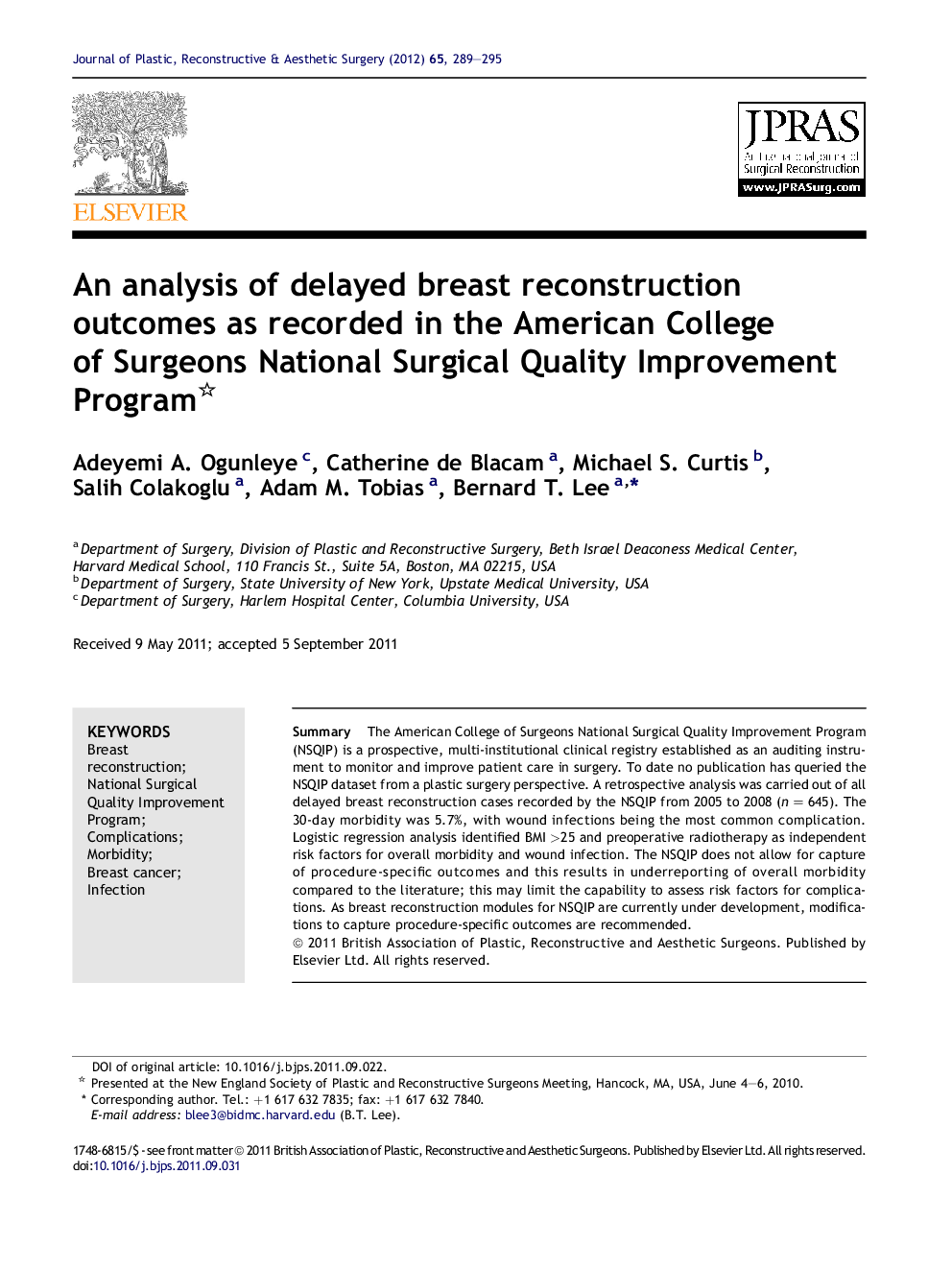 An analysis of delayed breast reconstruction outcomes as recorded in the American College of Surgeons National Surgical Quality Improvement Program 