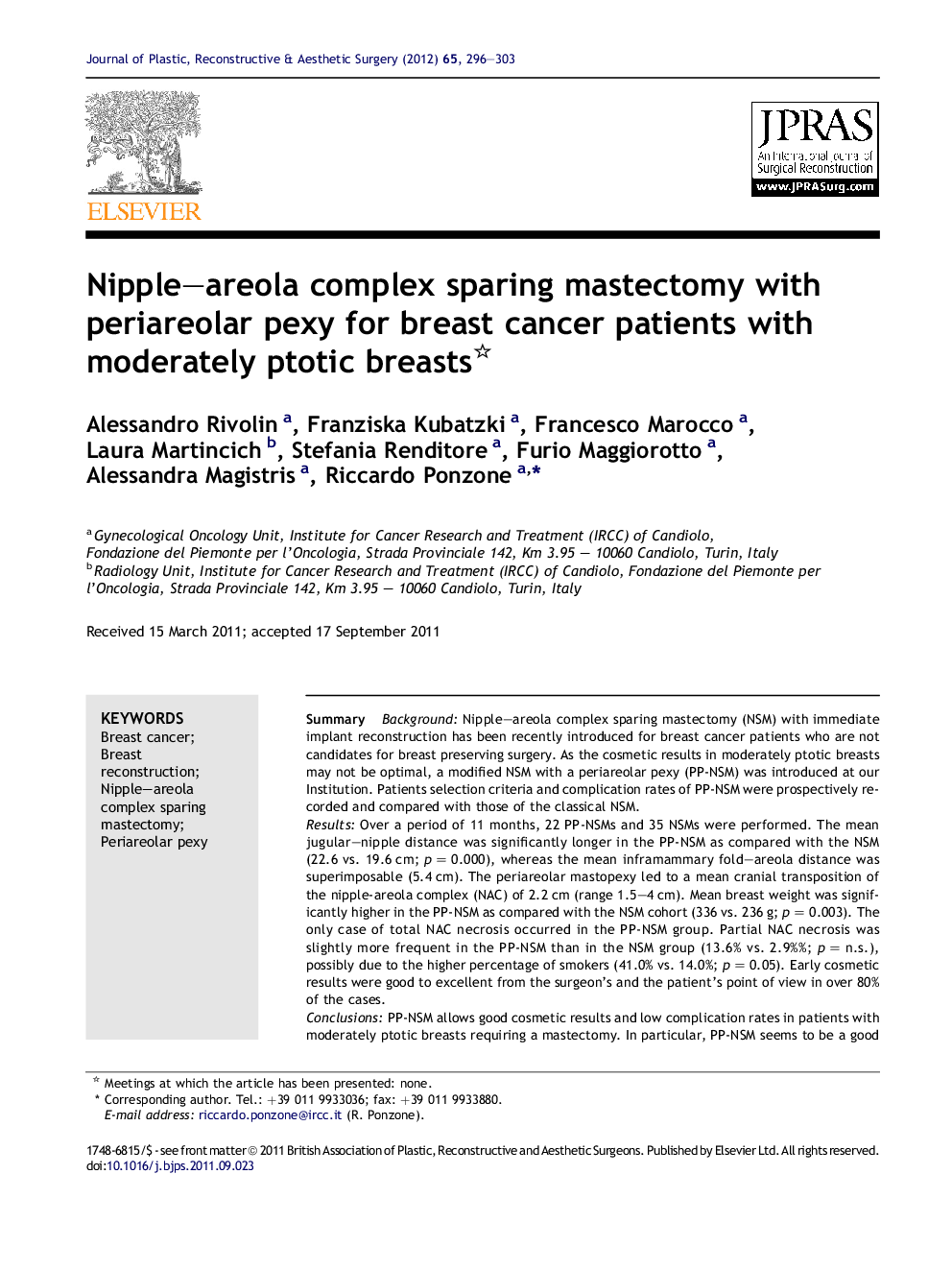 Nipple–areola complex sparing mastectomy with periareolar pexy for breast cancer patients with moderately ptotic breasts 