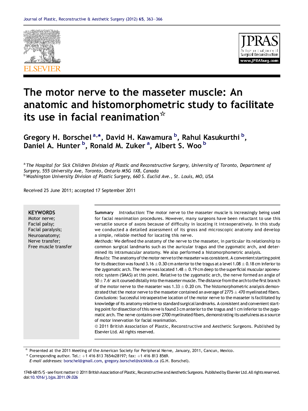 The motor nerve to the masseter muscle: An anatomic and histomorphometric study to facilitate its use in facial reanimation 