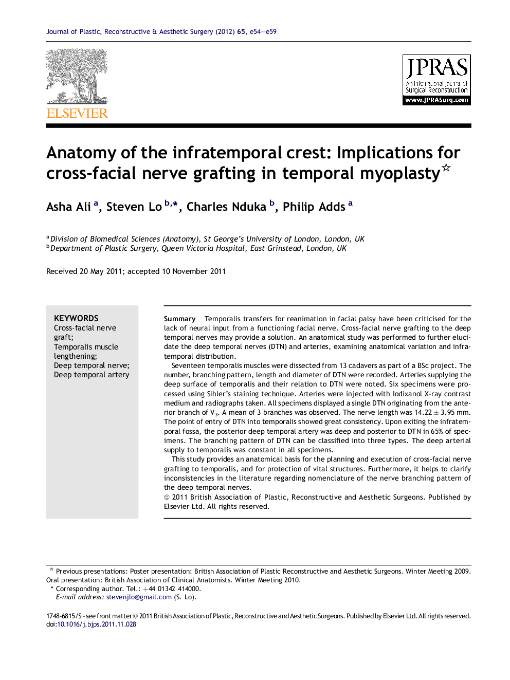 Anatomy of the infratemporal crest: Implications for cross-facial nerve grafting in temporal myoplasty 