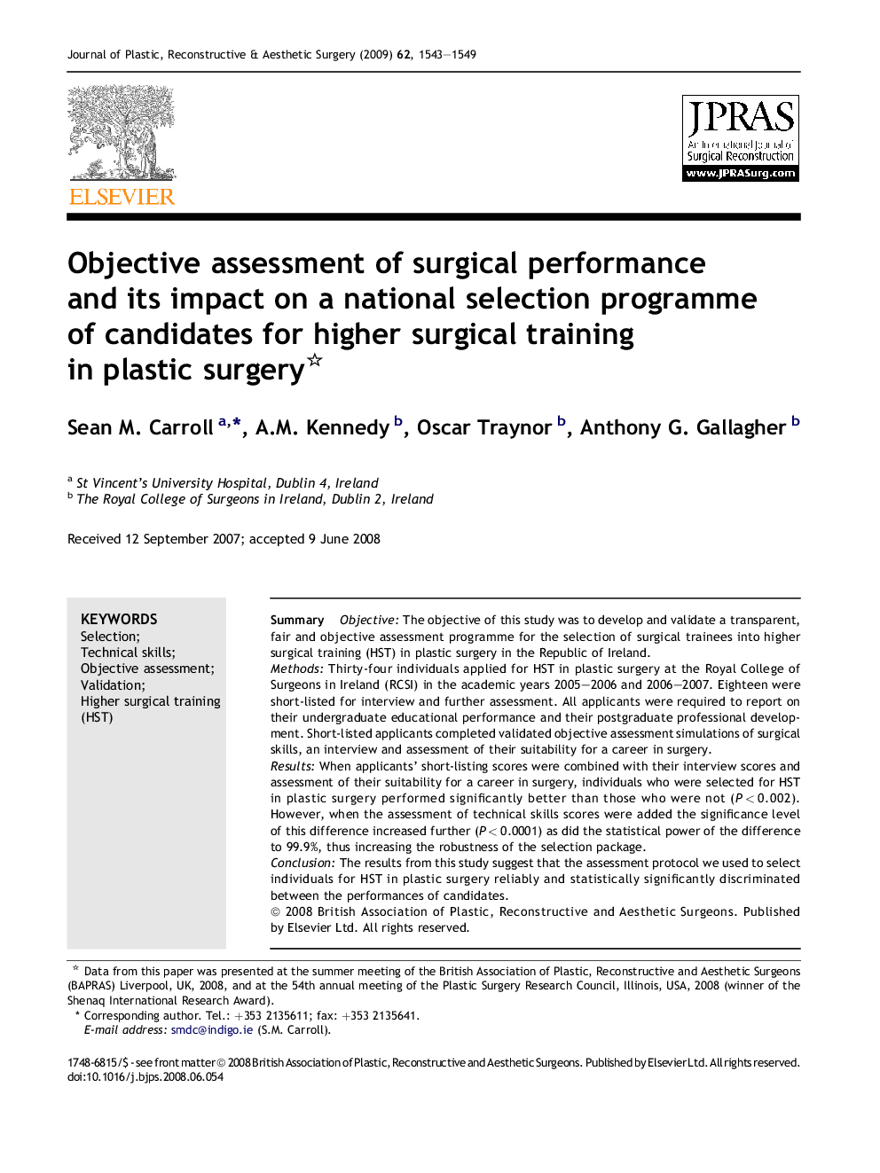 Objective assessment of surgical performance and its impact on a national selection programme of candidates for higher surgical training in plastic surgery 