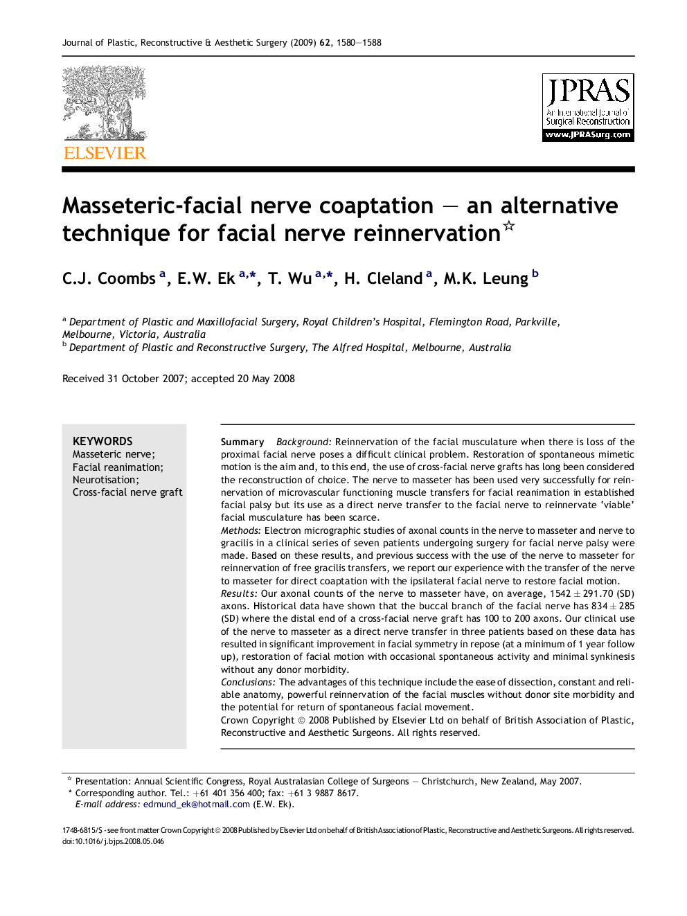 Masseteric-facial nerve coaptation – an alternative technique for facial nerve reinnervation 