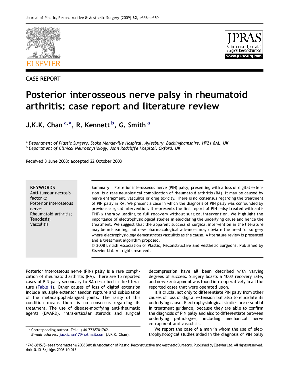 Posterior interosseous nerve palsy in rheumatoid arthritis: case report and literature review