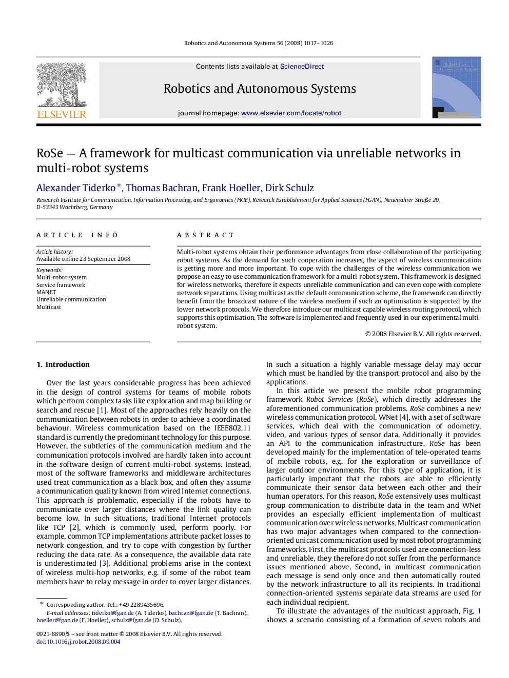 RoSe — A framework for multicast communication via unreliable networks in multi-robot systems