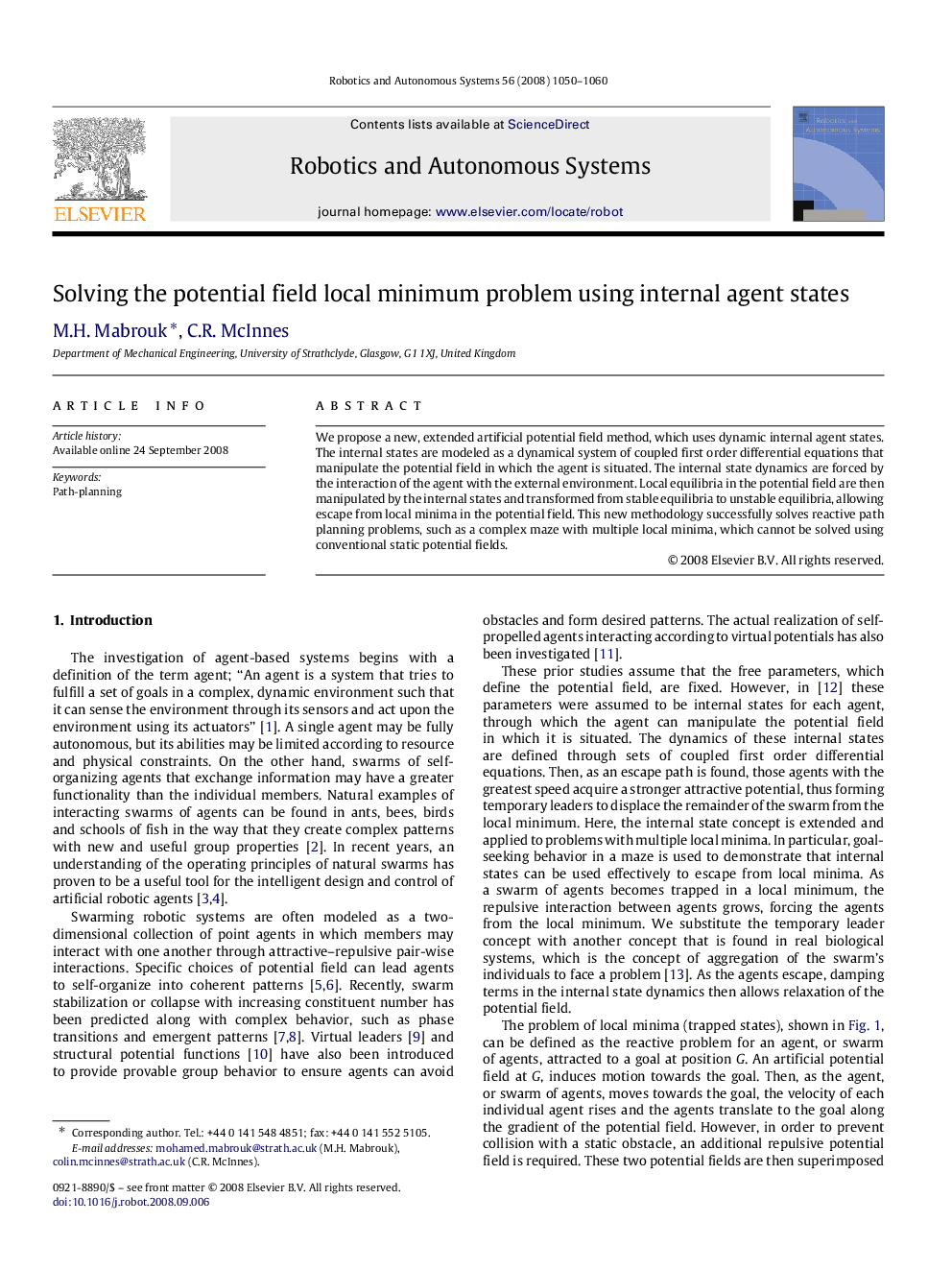 Solving the potential field local minimum problem using internal agent states