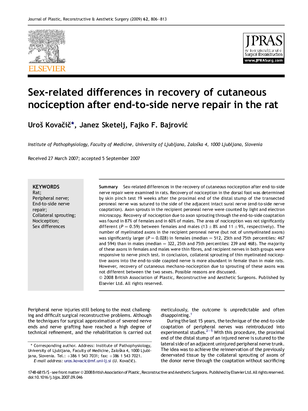 Sex-related differences in recovery of cutaneous nociception after end-to-side nerve repair in the rat