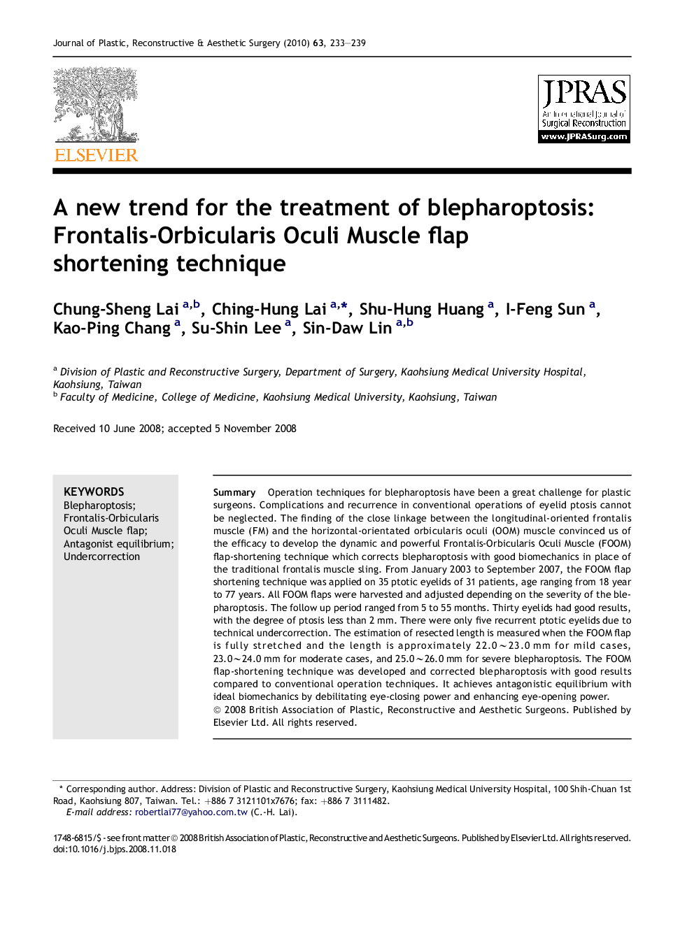 A new trend for the treatment of blepharoptosis: Frontalis-Orbicularis Oculi Muscle flap shortening technique