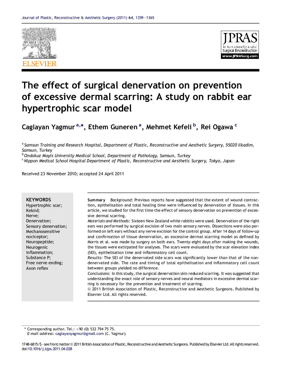 The effect of surgical denervation on prevention of excessive dermal scarring: A study on rabbit ear hypertrophic scar model