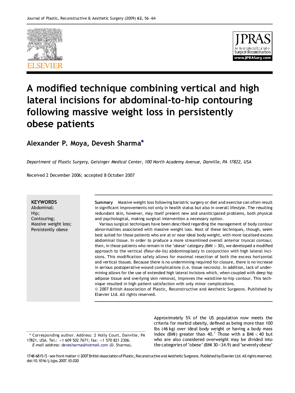 A modified technique combining vertical and high lateral incisions for abdominal-to-hip contouring following massive weight loss in persistently obese patients