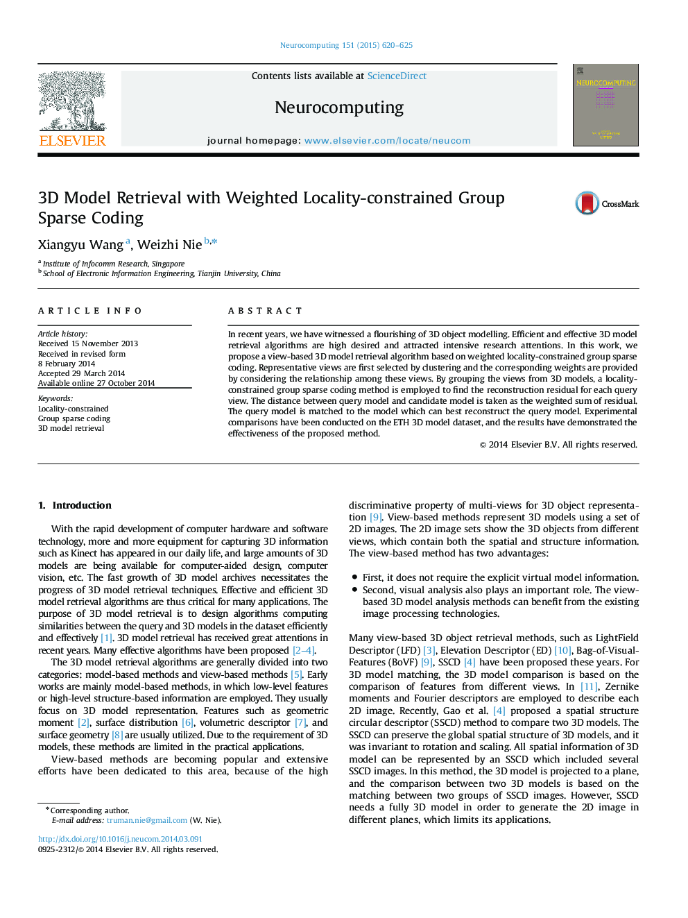 3D Model Retrieval with Weighted Locality-constrained Group Sparse Coding