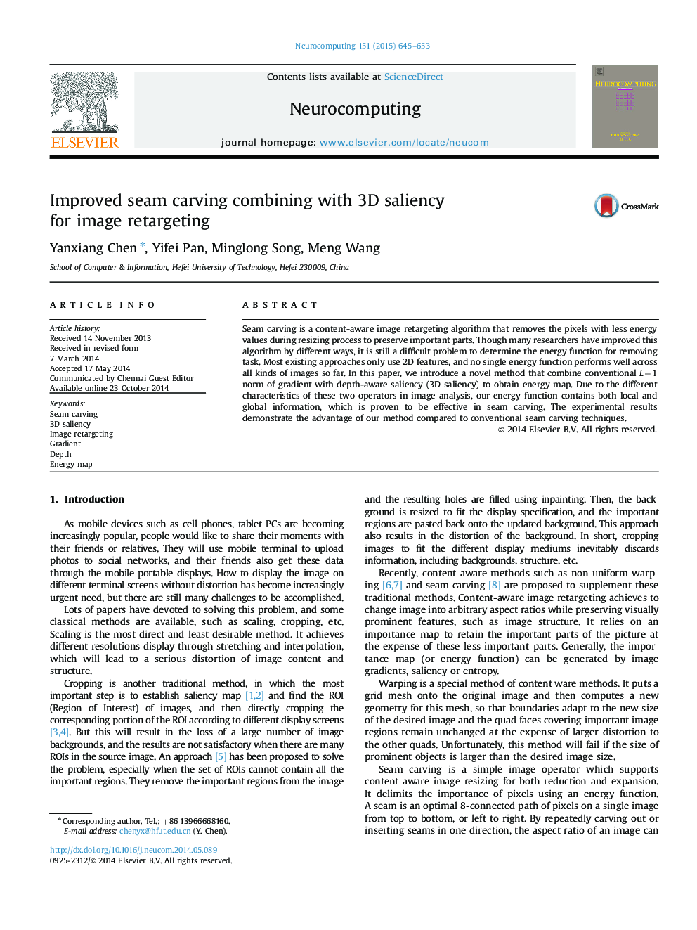 Improved seam carving combining with 3D saliency for image retargeting