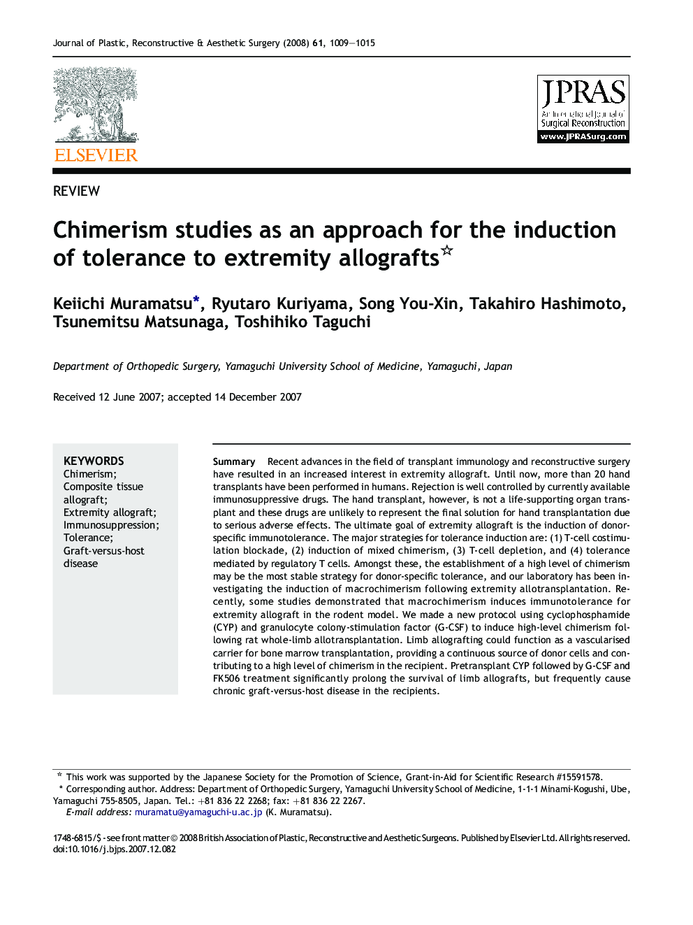 Chimerism studies as an approach for the induction of tolerance to extremity allografts 