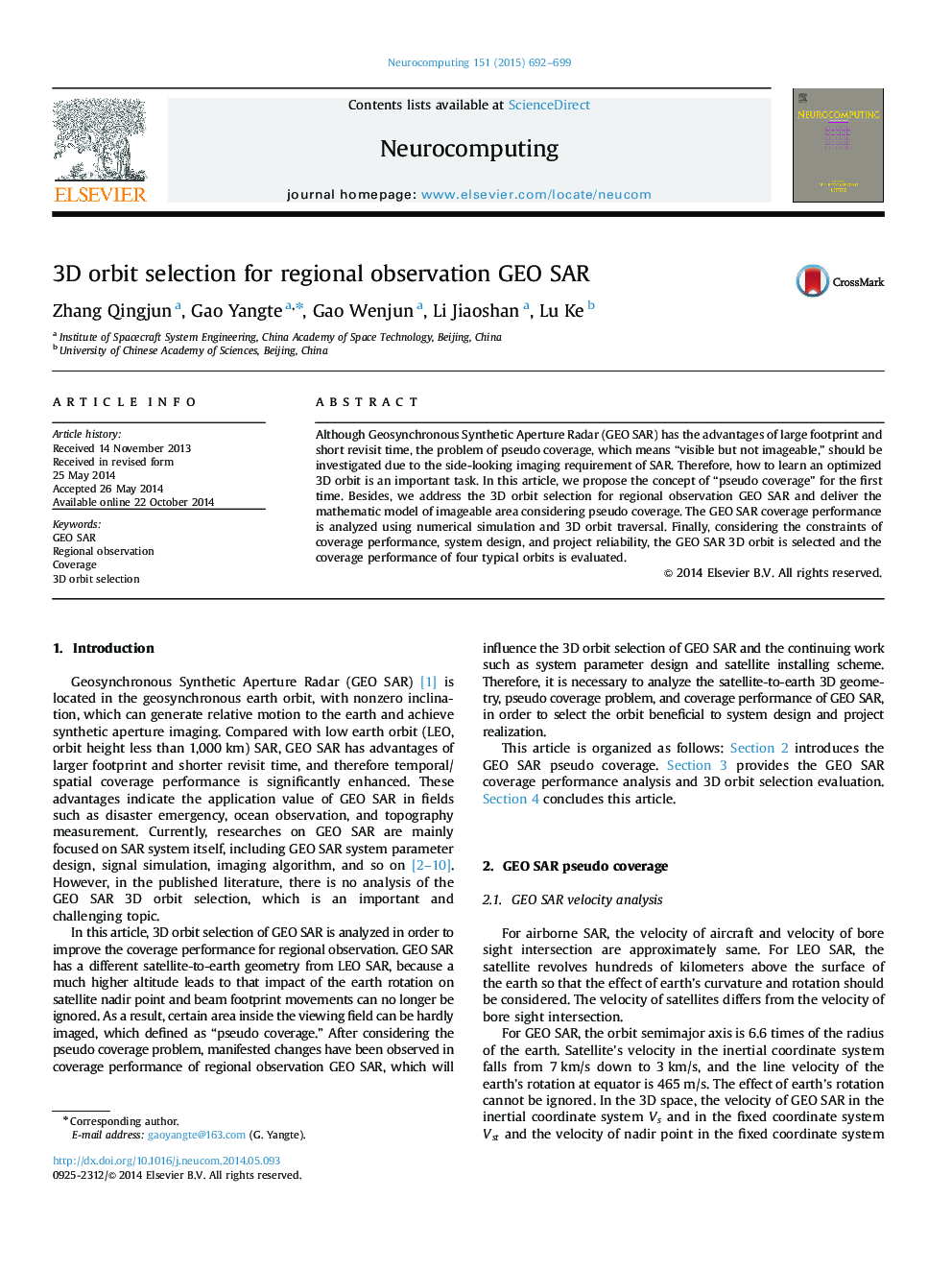 3D orbit selection for regional observation GEO SAR