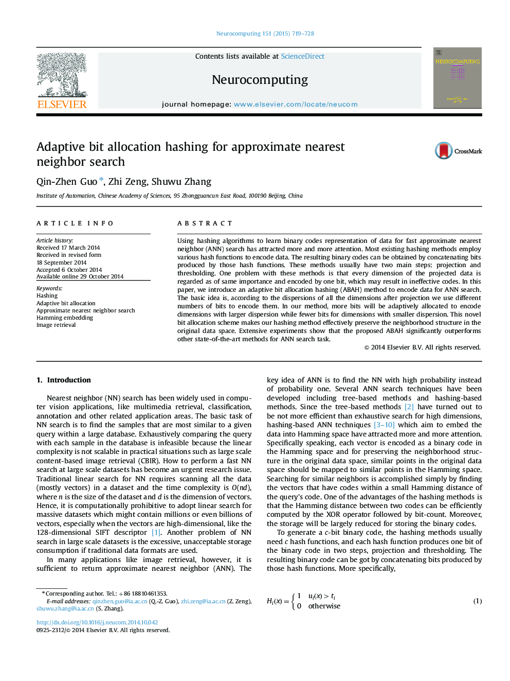 Adaptive bit allocation hashing for approximate nearest neighbor search