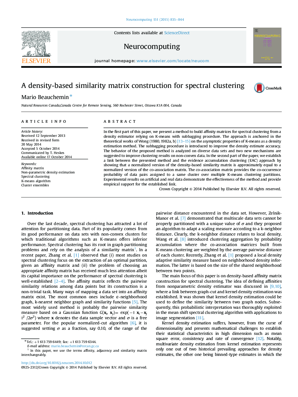 A density-based similarity matrix construction for spectral clustering