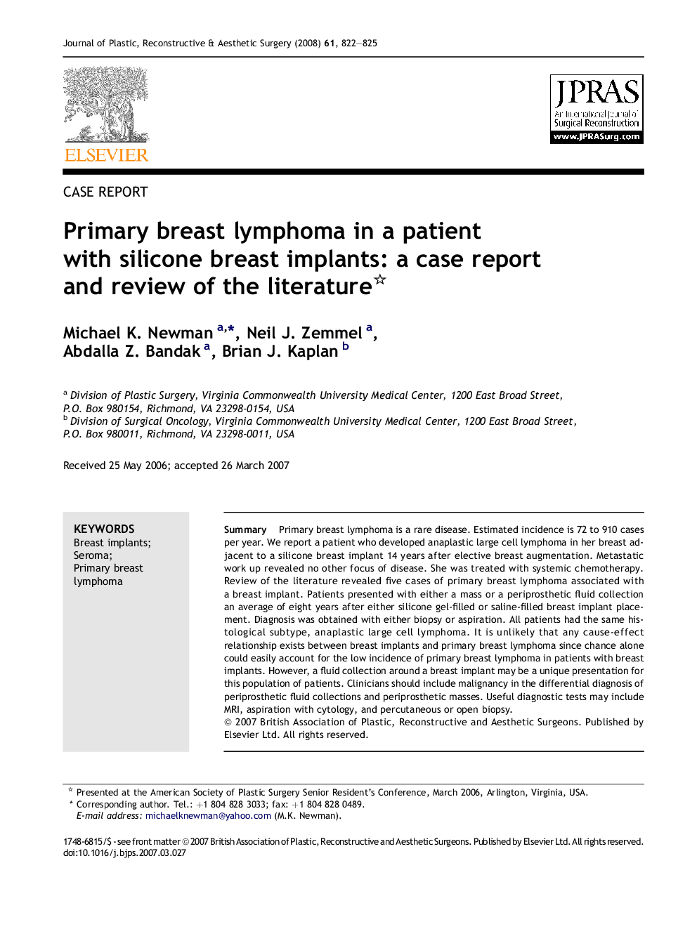 Primary breast lymphoma in a patient with silicone breast implants: a case report and review of the literature 