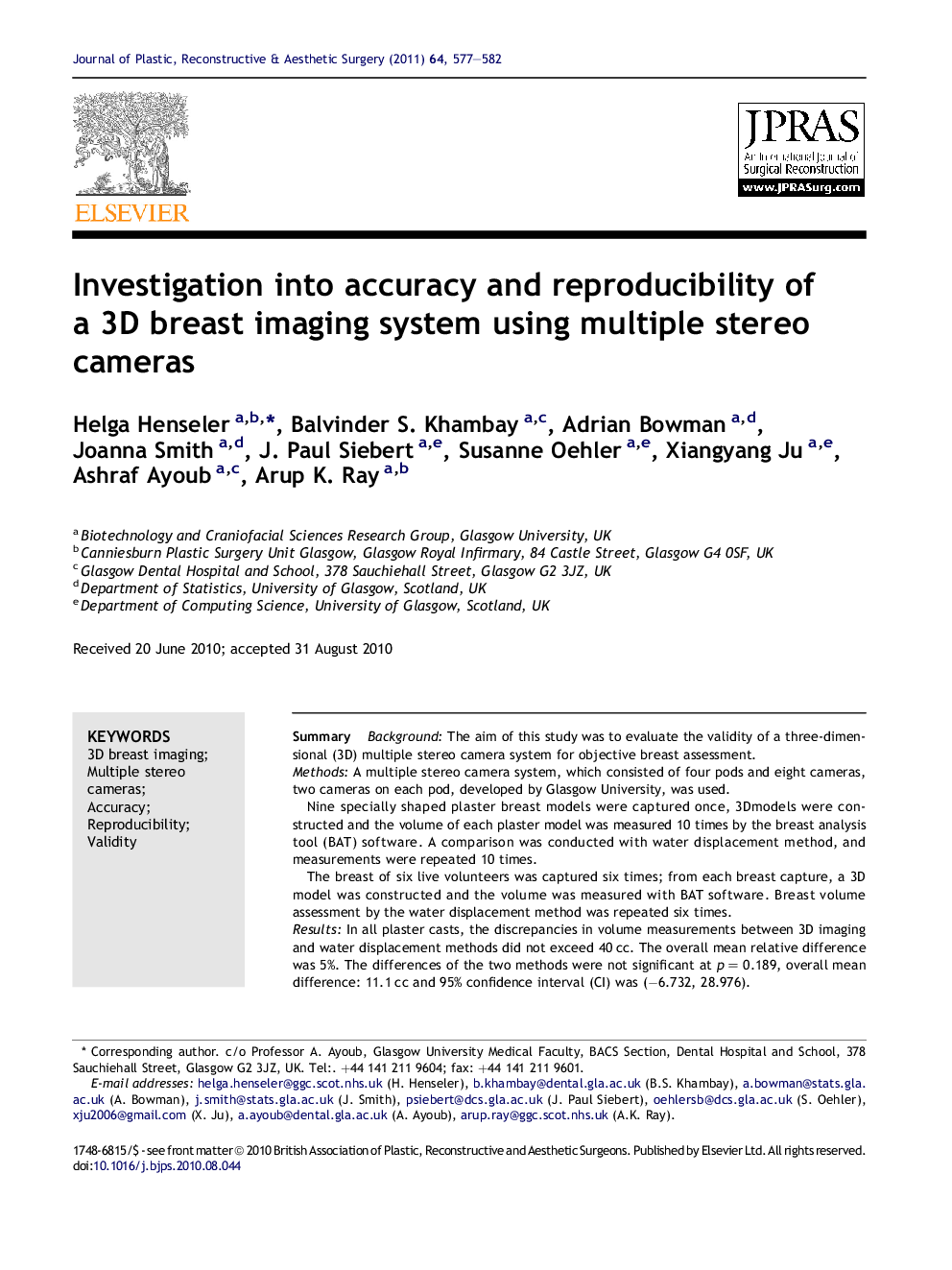 Investigation into accuracy and reproducibility of a 3D breast imaging system using multiple stereo cameras