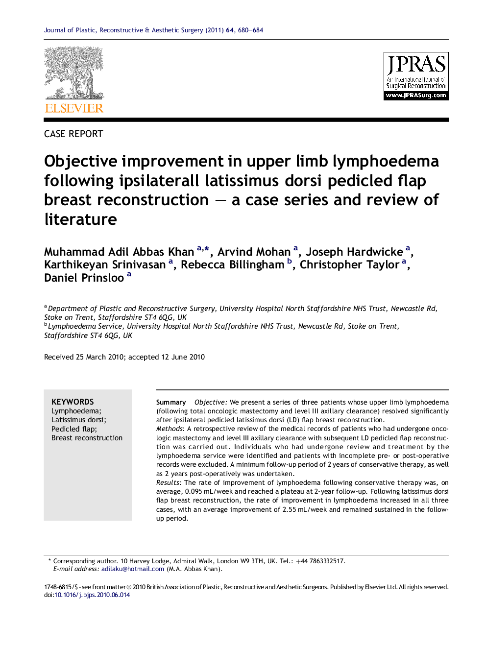 Objective improvement in upper limb lymphoedema following ipsilaterall latissimus dorsi pedicled flap breast reconstruction – a case series and review of literature