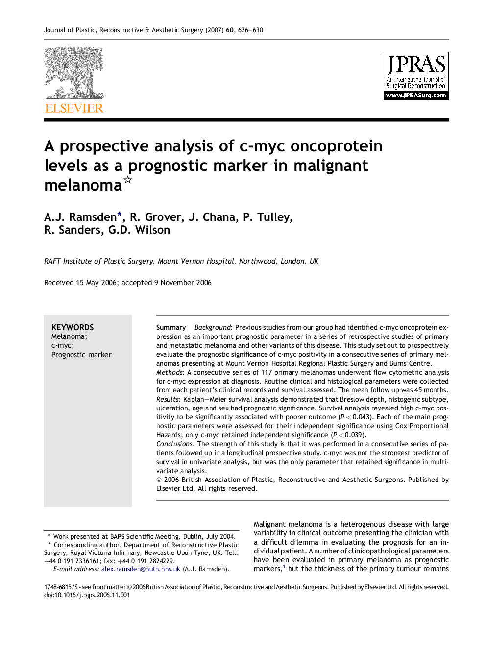 A prospective analysis of c-myc oncoprotein levels as a prognostic marker in malignant melanoma 