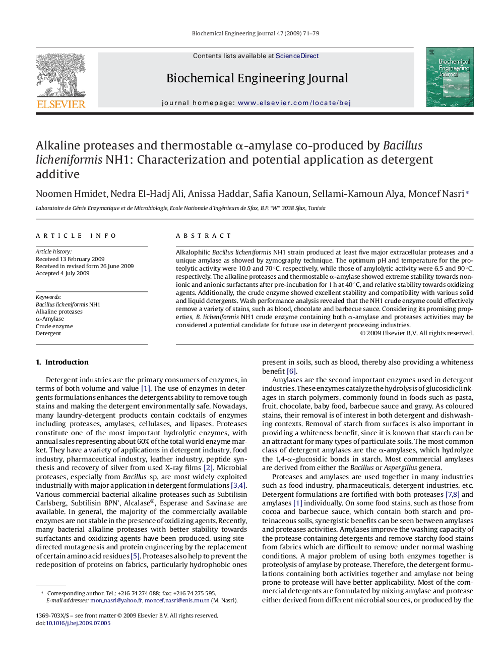 Alkaline proteases and thermostable α-amylase co-produced by Bacillus licheniformis NH1: Characterization and potential application as detergent additive