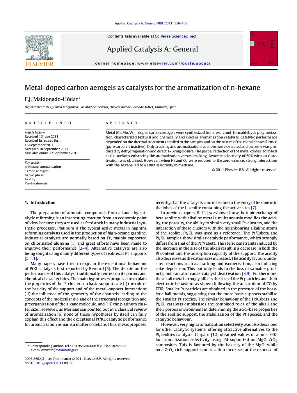 Metal-doped carbon aerogels as catalysts for the aromatization of n-hexane