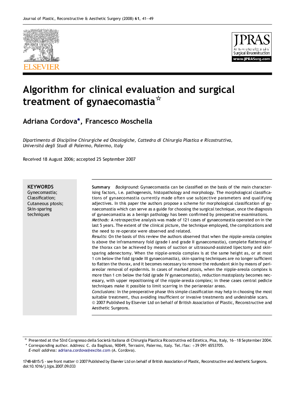 Algorithm for clinical evaluation and surgical treatment of gynaecomastia 