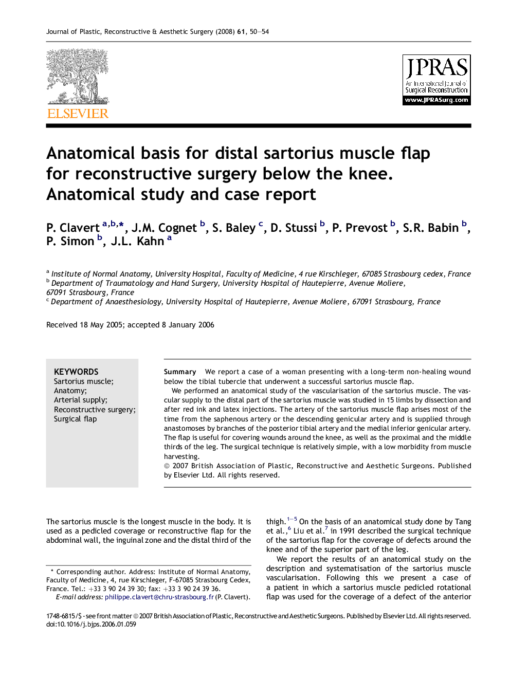 Anatomical basis for distal sartorius muscle flap for reconstructive surgery below the knee. Anatomical study and case report