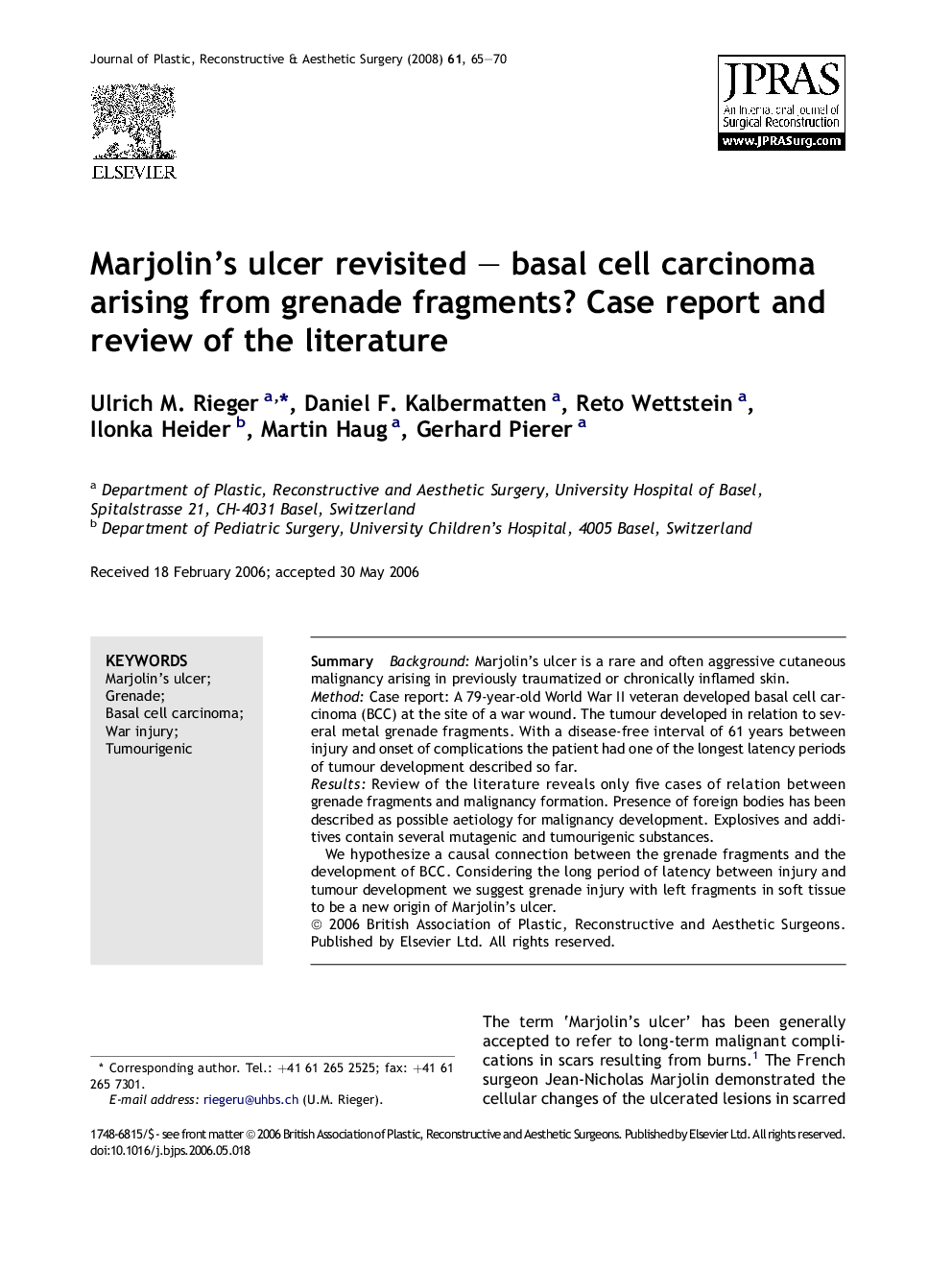 Marjolin's ulcer revisited – basal cell carcinoma arising from grenade fragments? Case report and review of the literature