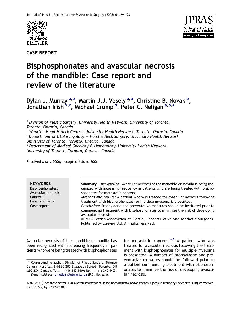 Bisphosphonates and avascular necrosis of the mandible: Case report and review of the literature