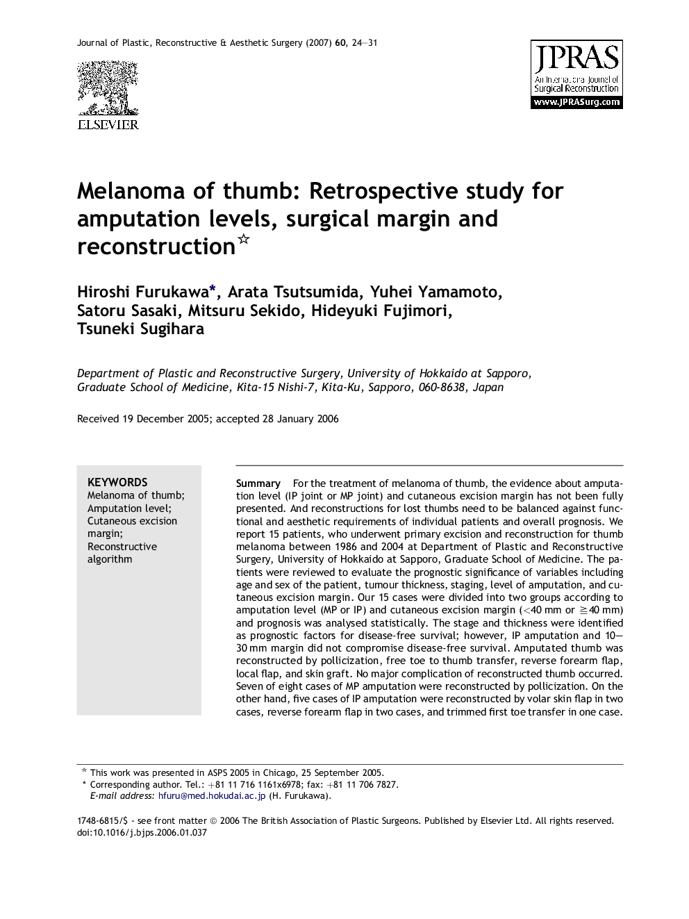 Melanoma of thumb: Retrospective study for amputation levels, surgical margin and reconstruction 