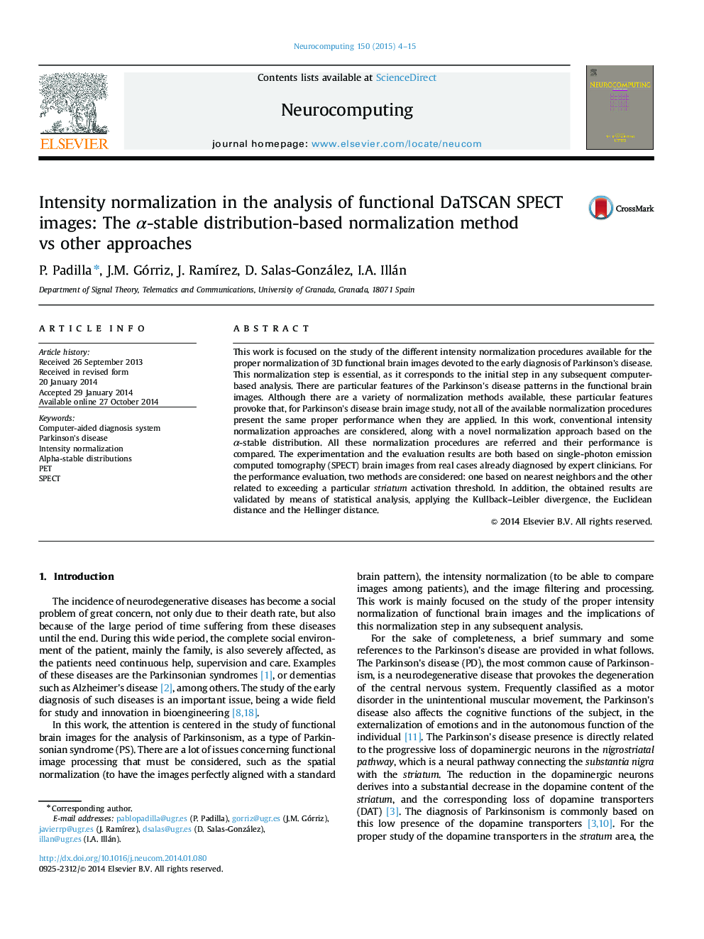 Intensity normalization in the analysis of functional DaTSCAN SPECT images: The α-stable distribution-based normalization method vs other approaches