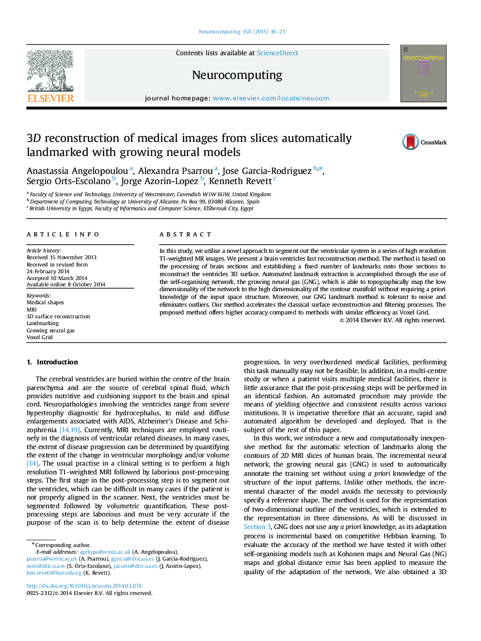 3D reconstruction of medical images from slices automatically landmarked with growing neural models