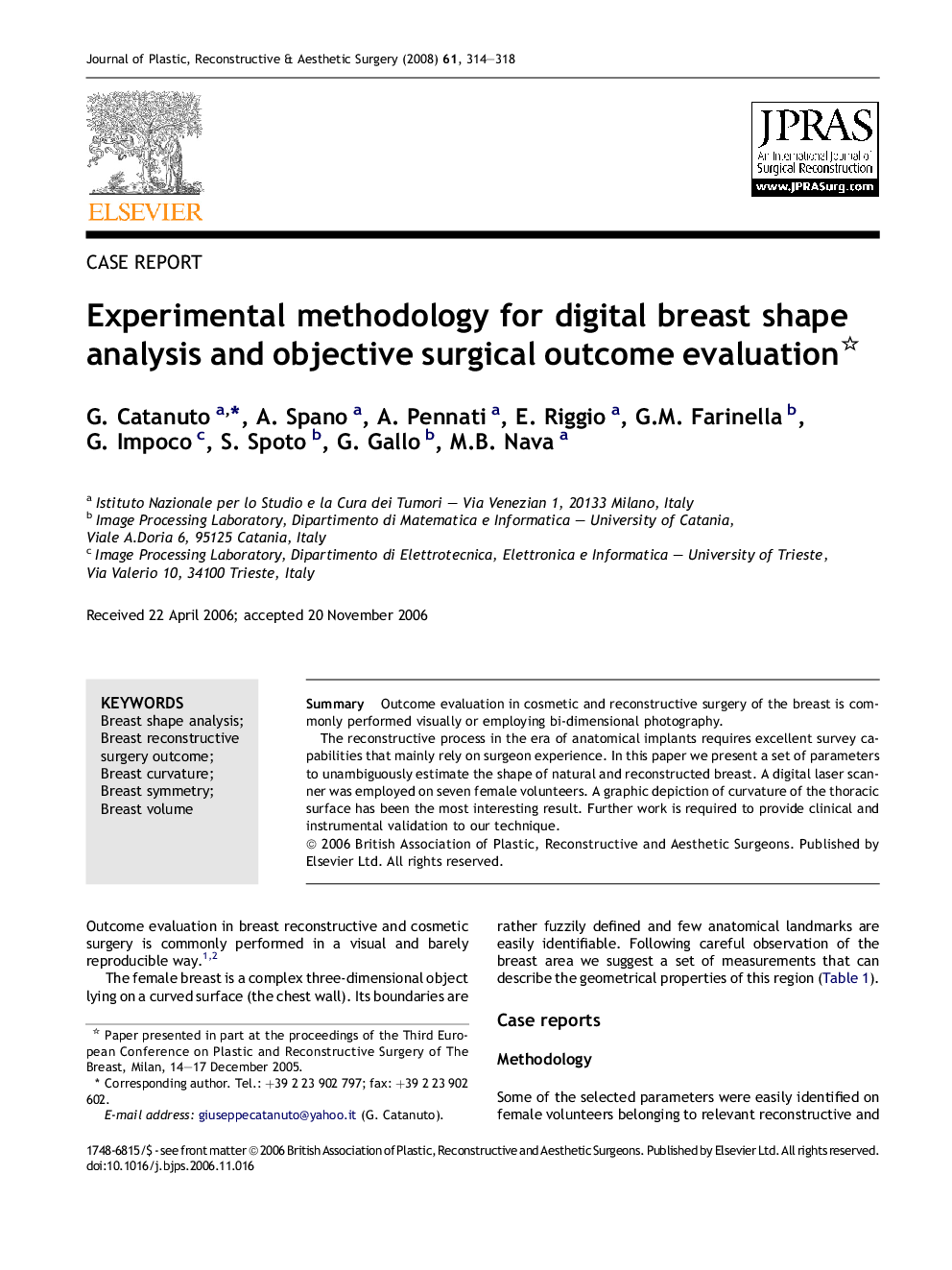 Experimental methodology for digital breast shape analysis and objective surgical outcome evaluation 