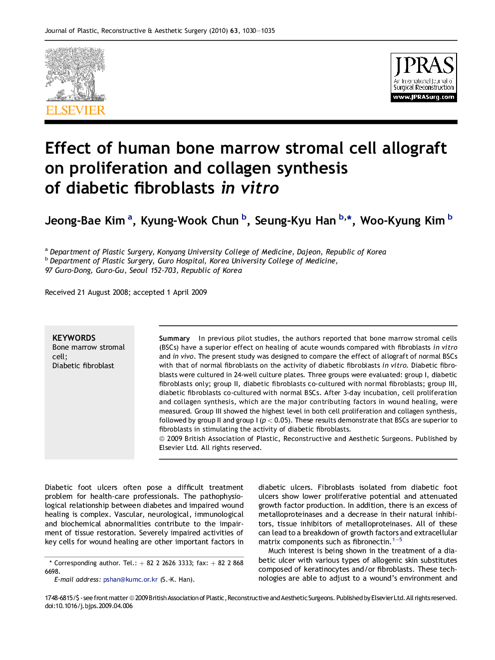 Effect of human bone marrow stromal cell allograft on proliferation and collagen synthesis of diabetic fibroblasts in vitro