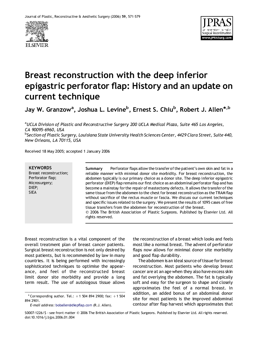 Breast reconstruction with the deep inferior epigastric perforator flap: History and an update on current technique