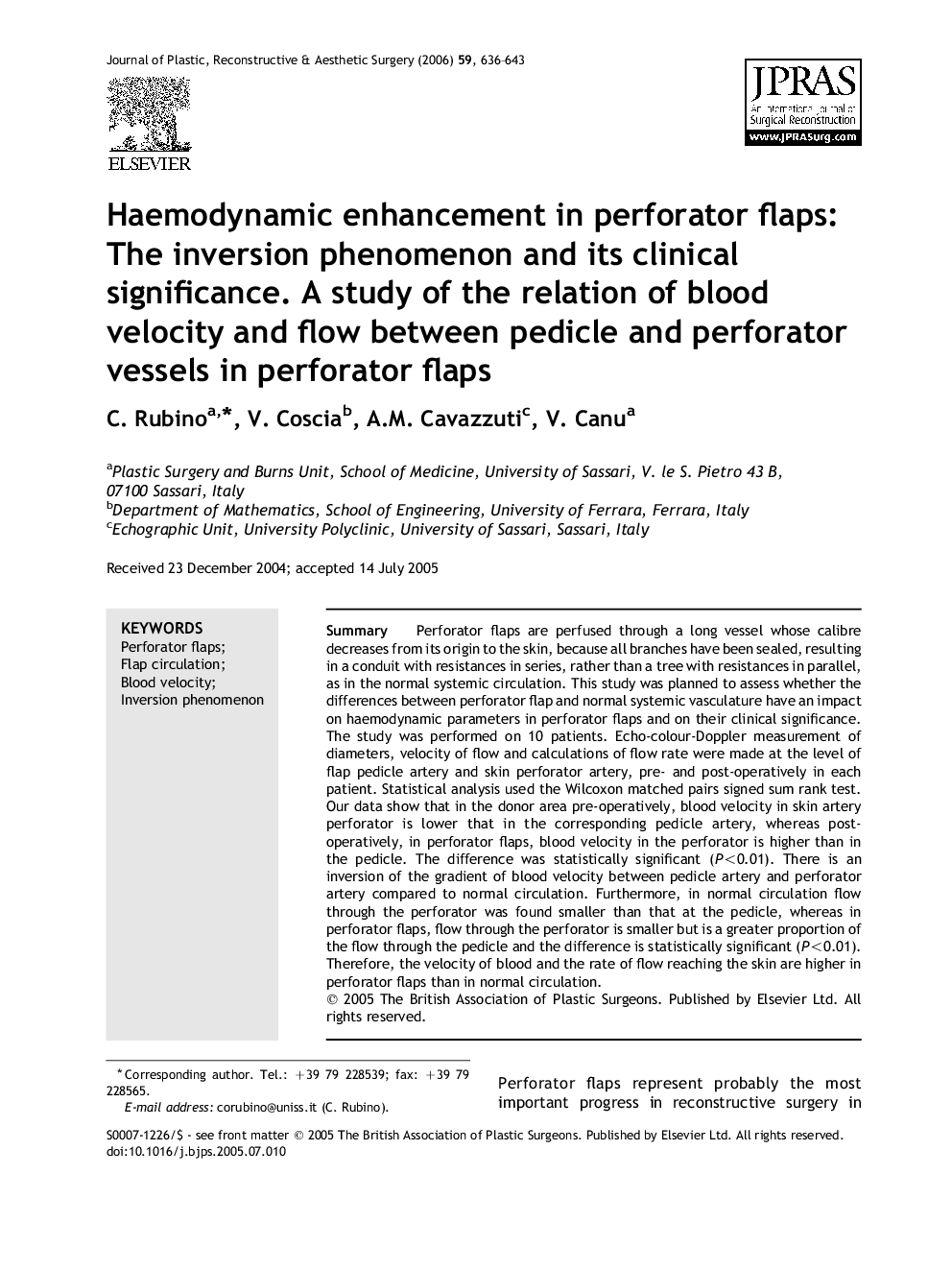 Haemodynamic enhancement in perforator flaps: The inversion phenomenon and its clinical significance. A study of the relation of blood velocity and flow between pedicle and perforator vessels in perforator flaps