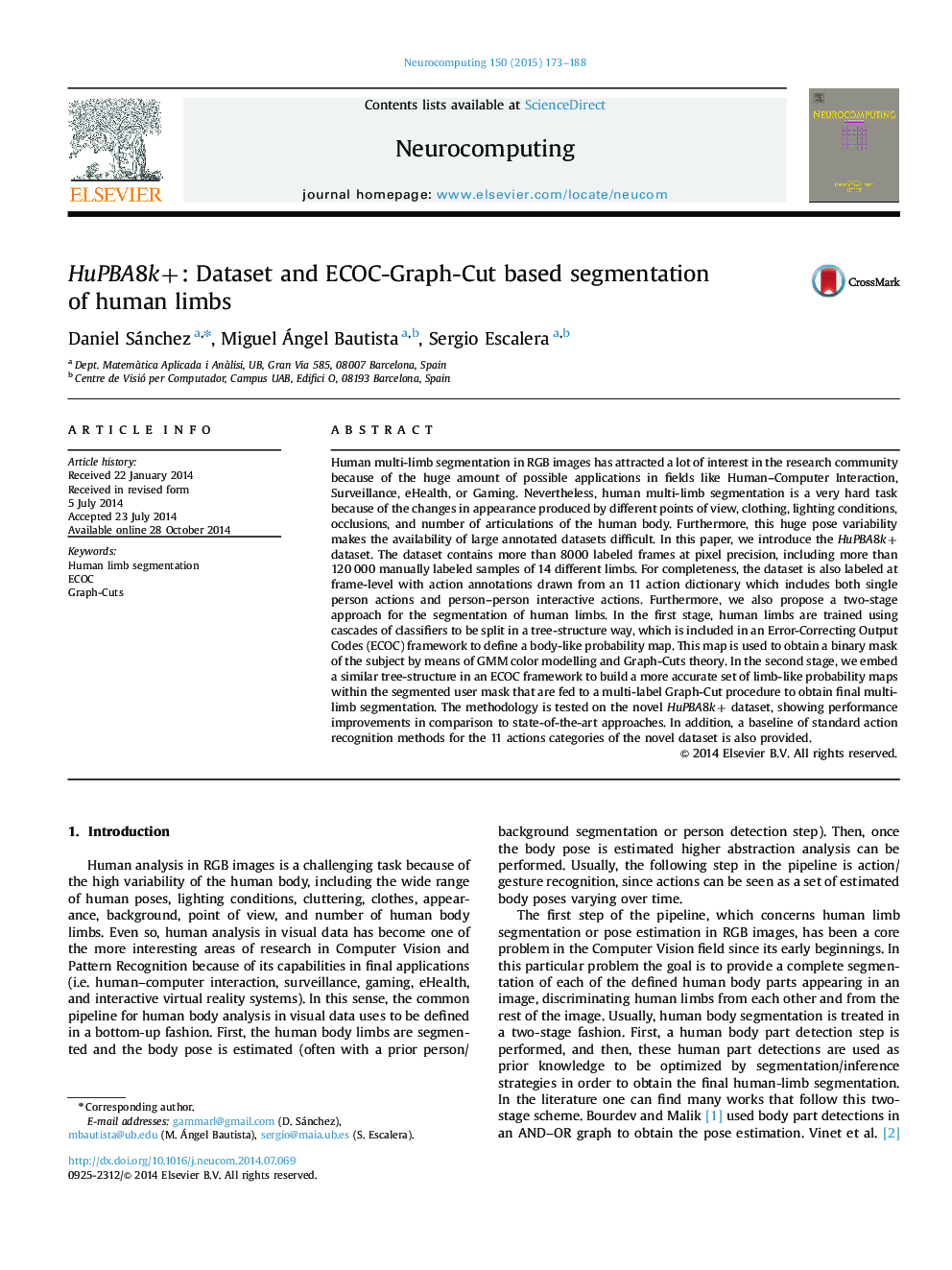 HuPBA8k+: Dataset and ECOC-Graph-Cut based segmentation of human limbs