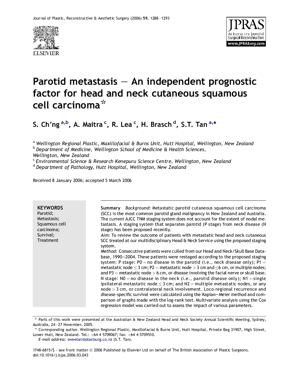 Parotid metastasis – An independent prognostic factor for head and neck cutaneous squamous cell carcinoma 