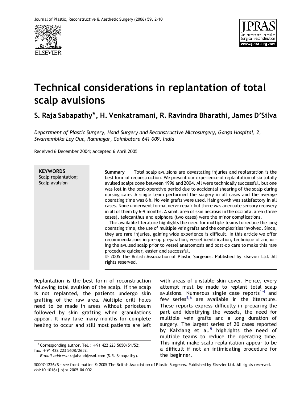 Technical considerations in replantation of total scalp avulsions