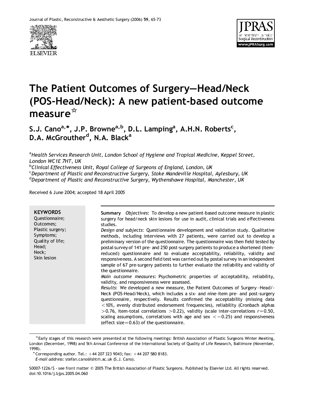 The Patient Outcomes of Surgery—Head/Neck (POS-Head/Neck): A new patient-based outcome measure 