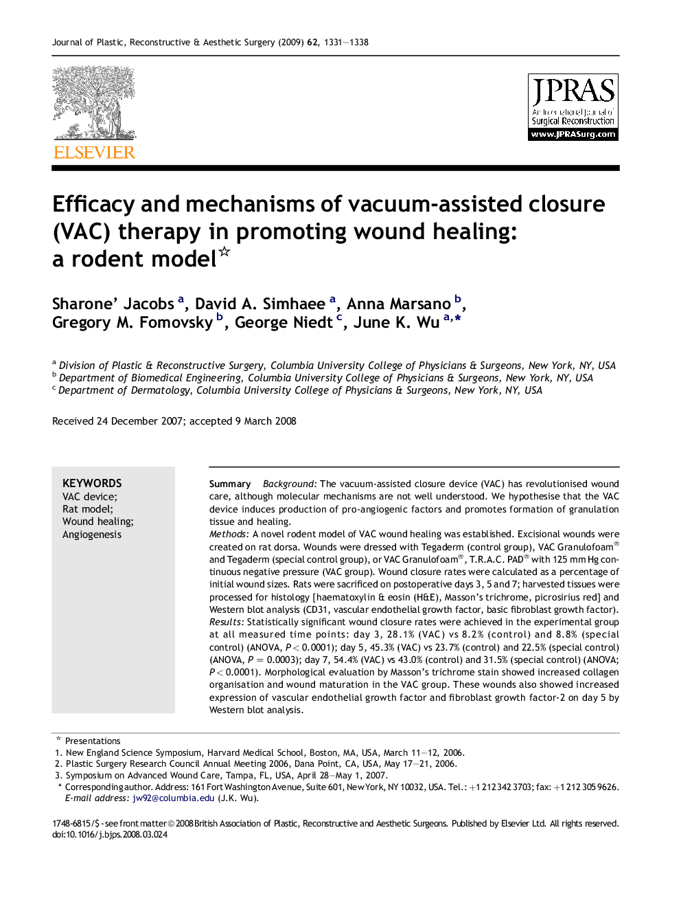 Efficacy and mechanisms of vacuum-assisted closure (VAC) therapy in promoting wound healing: a rodent model 