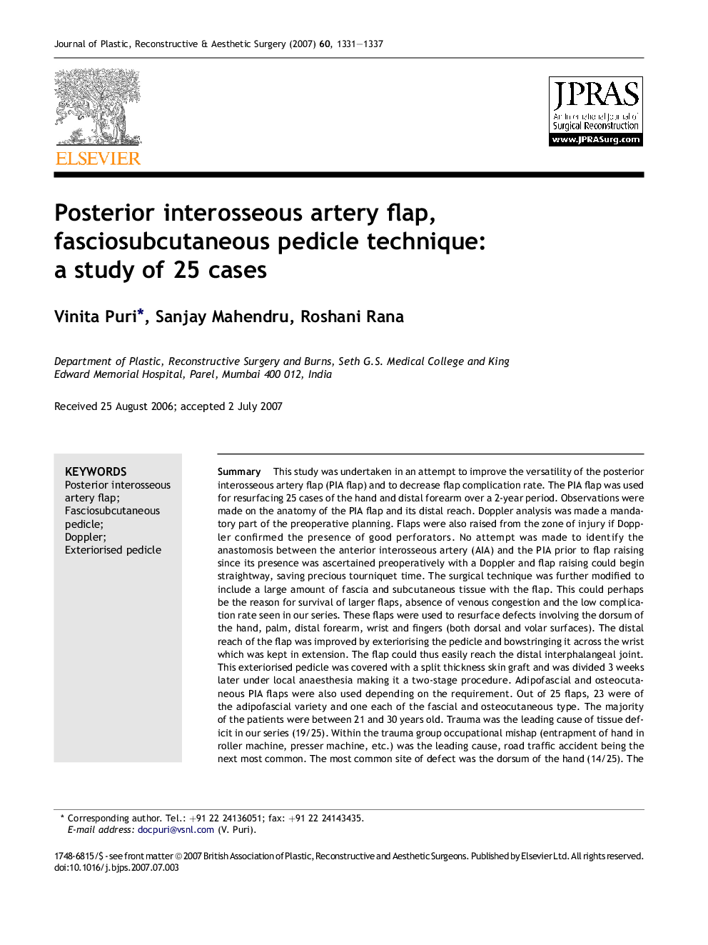 Posterior interosseous artery flap, fasciosubcutaneous pedicle technique: a study of 25 cases