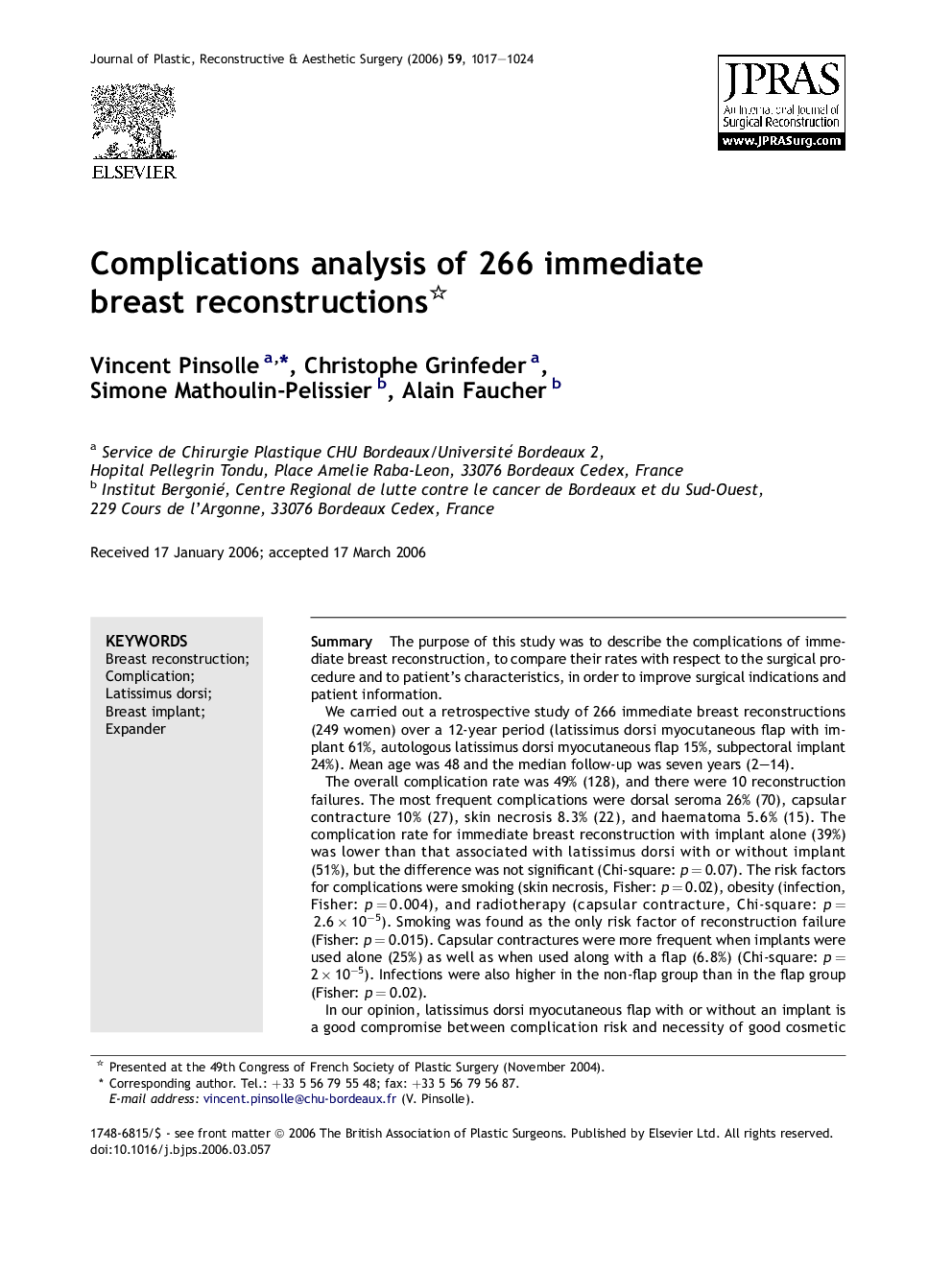 Complications analysis of 266 immediate breast reconstructions 